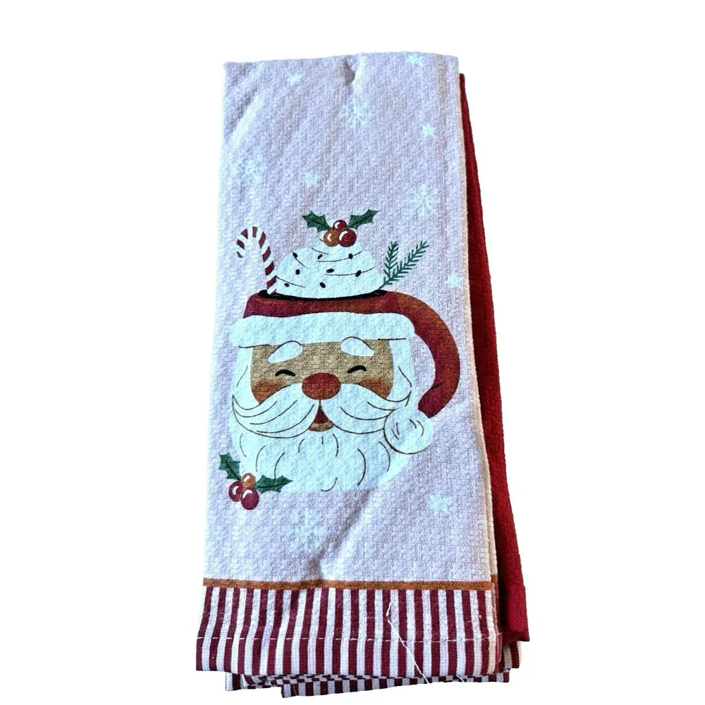 Martha Stewart Christmas Santa Claus Dish Kitchen Towels Set of 3 Pink Red 16x28
